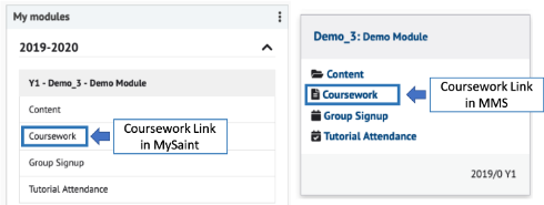 Example of the Coursework links in MySaint and MMS